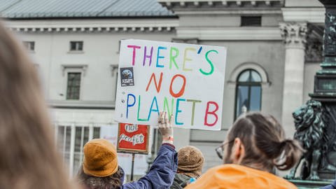 Das Bild zeigt eine Demo, auf der eine Person ein Schild mit der bunten Aufschrift "no planet b" hochhält. (Foto: IMAGO, aal.photo)
