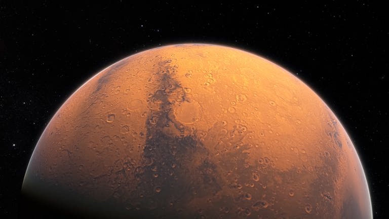 Computergrafik der beleuchteten Seite des Mars im Weltall. (Foto: IMAGO, IMAGO / Panthermedia)