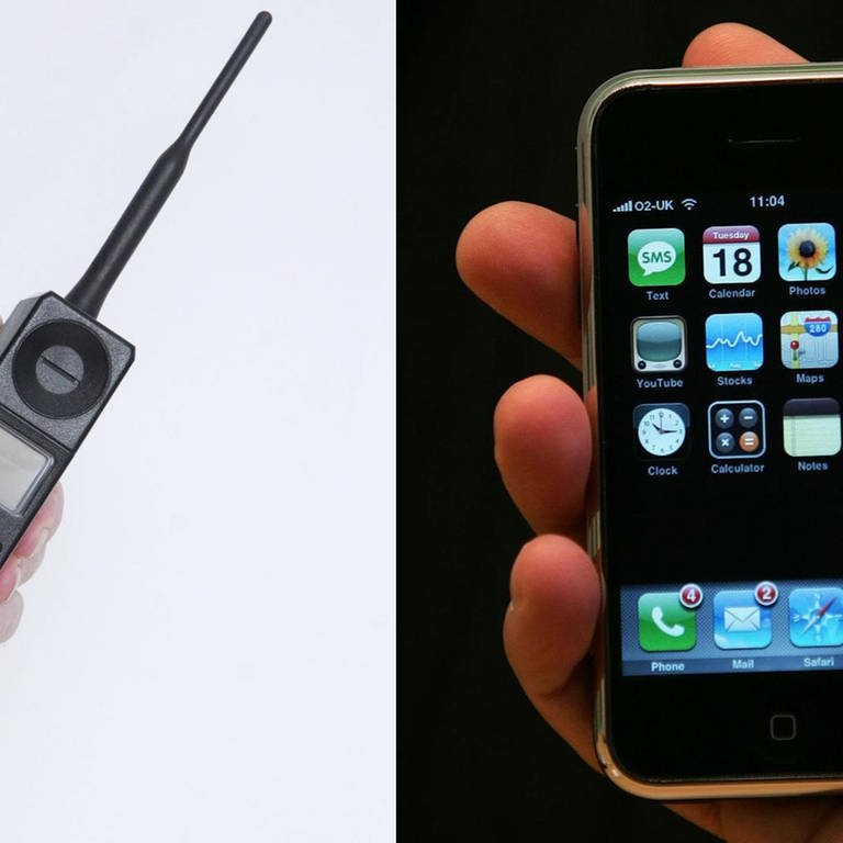 Motorola International 3200 und ein iPhone der ersten Generation gegenübergestellt (Foto: IMAGO, picture-alliance / Reportdienste, /stock&people /empics)