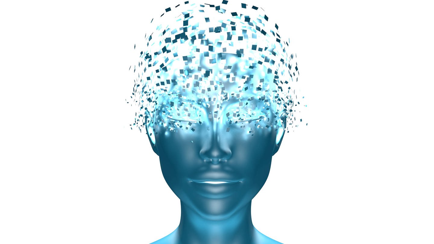 Das Bild stellt eine Person dar, deren Gehirn sich in Pixel auflöst. Symbolbild. (Foto: IMAGO, Shotshop)
