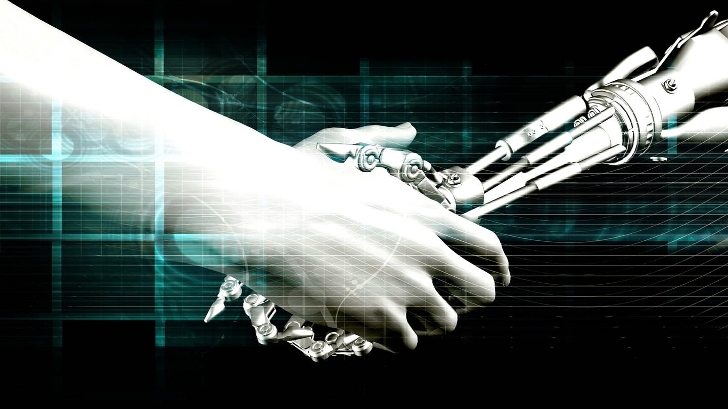 Künstlerische Darstellung einer menschlichen Hand, die eine Roberthand hält (Foto: IMAGO, Panthermedia)