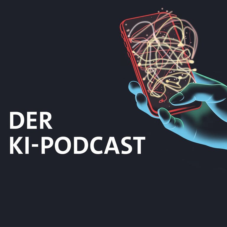 Logo KI-Podcast: Stilisierte Hand, die ein Smartphone hält, aus dem leuchtende Linien und Punkte in verschiedenen Farben herauskommen