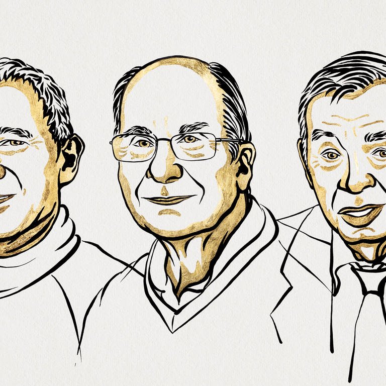 Das Bild zeigt eine Illustration der Chemie-Nobelpreisträger von 2023: Moungi Bawendi, Louis Brus und Alexei Ekimov. (Foto: Ill. Niklas Elmehed, Nobel Prize Outreach )