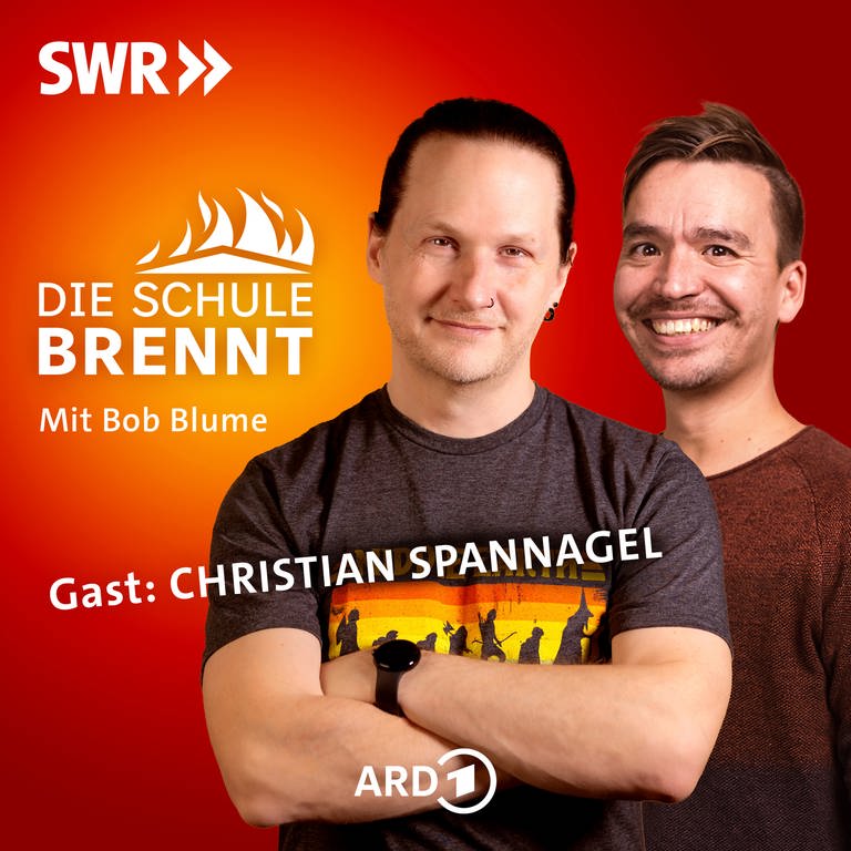 Christian Spannagel und Bob Blume auf dem Podcast-Cover von "Die Schule brennt – der Bildungspodcast mit Bob Blume" (Foto: SWR, Christian Spannagel / Niko Neithardt / SWR)