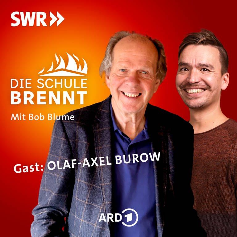 Olaf-Axel Burow und Bob Blume auf dem Podcast-Cover von "Die Schule brennt – der Bildungspodcast mit Bob Blume" (Foto: SWR, O. A. Burow / Niko Neithardt / SWR)