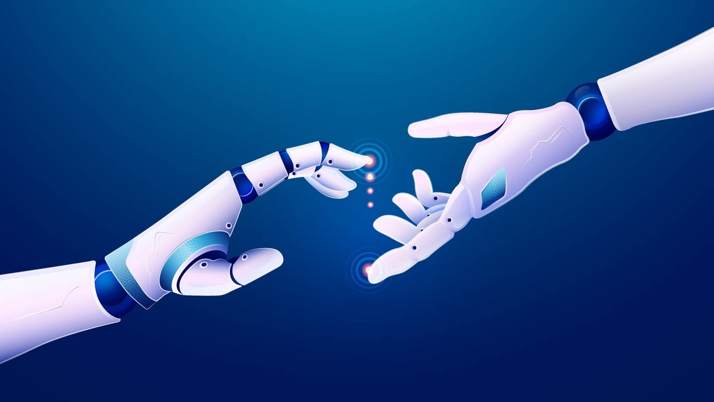 Zwei Roboterhände symboliseren die Chancen und Risiken von KI (Foto: Colourbox)