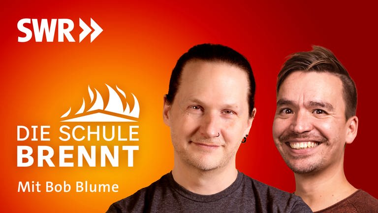 Christian Spannagel und Bob Blume auf dem Podcast-Cover von "Die Schule brennt – der Bildungspodcast mit Bob Blume" (Foto: SWR, Christian Spannagel / Niko Neithardt / SWR)