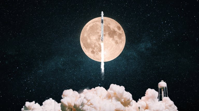 Rakete, die zum Mond fliegt, tags: Mondzeit, Mondmissionen