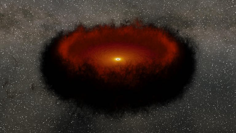 Diese NASA-Animation zeigt ein supermassereiches Schwarzes Loch, das durch sogenanntes "Echo-mapping" dargestellt gemacht wird. (Foto: Image credit: NASA/JPL-Caltech)