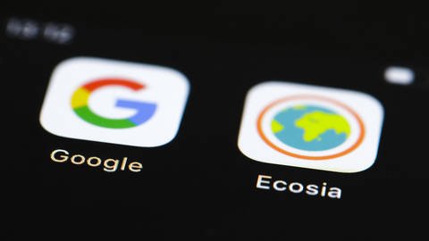 Die Logos der Internet-Suchmaschinen Google und Ecosia auf einem Smartphone: Ecosia ist eine ökologische Suchmaschine deren Einnahmeüberschüsse zu 80 Prozent für gemeinnützige Naturschutzorganisationen gespendet werden (Foto: IMAGO, IMAGO / photothek)