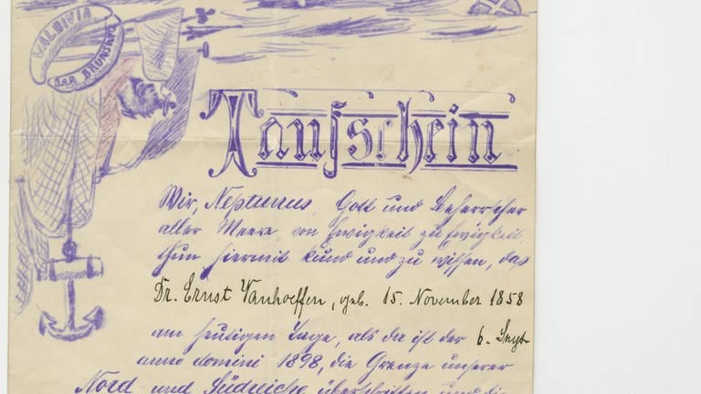 Taufschein von der Neptuntaufe von Carl Chun und August Brauer, 07.09.1898 sowie Ernst Vanhöffen,