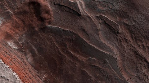 Eislawine am Nordpol des Mars. Im Frühjahr brechen manchmal Eisblöcke ab und wirbeln Staub auf, wie im Bild links unten zu sehen. (Foto: IMAGO, imago images/UPI Photo)