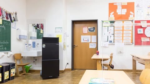 Im Klassenzimmer steht ein Luftreiniger mit HEPA-Filter (Foto: IMAGO, IMAGO / Trotec PR)