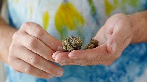 Person hält Cannabis in der Hand (Foto: IMAGO, IMAGO / Cavan Images)