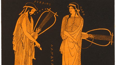 Alkaios und Sapphos auf einem Weinkübel (5. Jahrhundert v. Chr.). Erstaunlich ist die Beziehung der beiden, denn der Dichterfürst Alkaios blickt zu Boden – war Alkaios in Sappho verliebt?