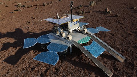 Ein Testmodell des europäischen Rovers ExoMars und seiner russischen Landeplattform. (Foto: Pressestelle, ESA)