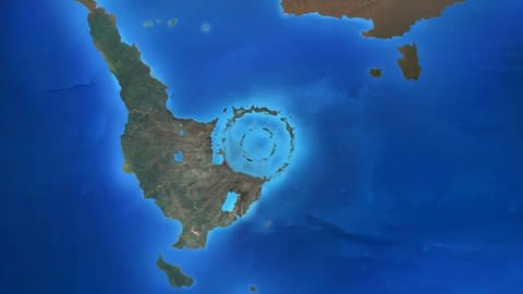 Der Chicxulub- Einschlagkrater (Illustration) entstand vor 66 Millionen Jahren vor der Küste des heutigen Mexiko nach dem Einschlag eines Asteroiden.  (Foto: IMAGO,  imago images/Science Photo Library)