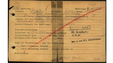 Häftlingskarteikarte: Jakob Gerste wird im März 1943 zusammen mit mehreren Geschwistern in das „Zigeuner-Familienlager“ nach Auschwitz-Birkenau verschleppt, später in das KZ Buchenwald, das KZ Mittelbau-Dora und Bergen-Belsen. Außer ihm hat nur seine Schwester Emma überlebt. (Foto: Copy of 1.1.5.3 / 5942991 in conformity with ITS Digital Archive, Arolsen Archives)