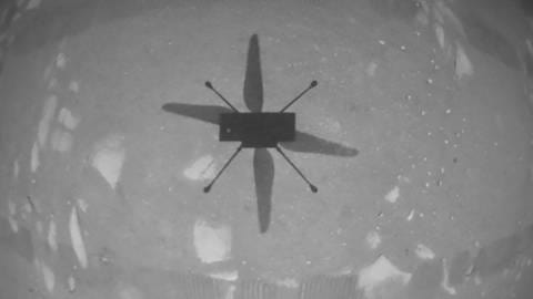 Das war das erste Bild des Mars-Helikopter Ingenuity während seines kurzen Testfluges. (Foto: Pressestelle, NASA/Jet Propulsion Laboratory )