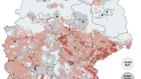 In Süddeutschland findet sich besonders häufig Radon. Das kann man auf dieser Karte des Bundesamtes für Strahlenschutz erkennen.  (Foto: Bundesamt für Strahlenschutz)