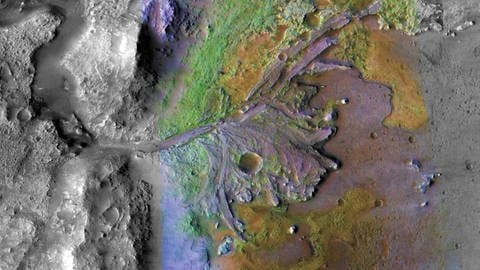 Falschfarbendarstellung des Deltas im Krater Jazero (Foto: Pressestelle, NASA/JPL-Caltech/MSSS/JHU-APL)