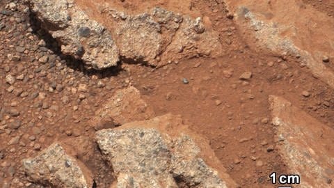 Marsoberfläche zeigt  Sedimentgestein, in das abgerundete Kiesel eingebacken sind, was ein Hinweis für einen Wasserlauf (Foto: Pressestelle, Nasa)