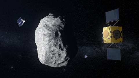 Illustration der Hera-Sonde im Anflug auf den Asteroidenmond Dimorphos. (Foto: IMAGO, IMAGO / ZUMA Wire)