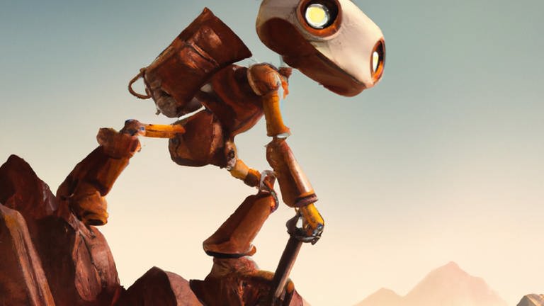 DALL·E - A chocolate robot climbing a mountain, digital art