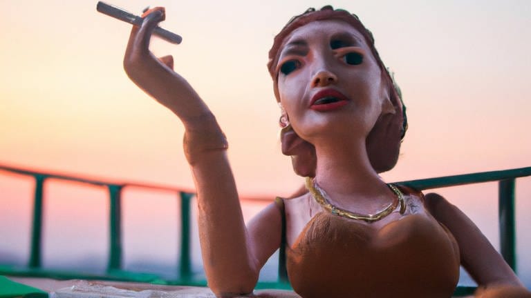 DALL·E - Claymation woman smoking a cigarette on her balcony watching the sunset (Foto: David Beck)