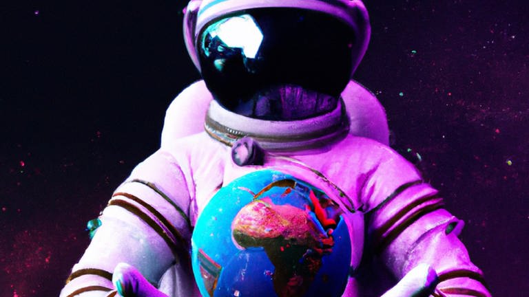 DALL·E - 3d rendering of a synthwave astronout with helmet holding the earth in their hands floating in space, digital art, gorgeous