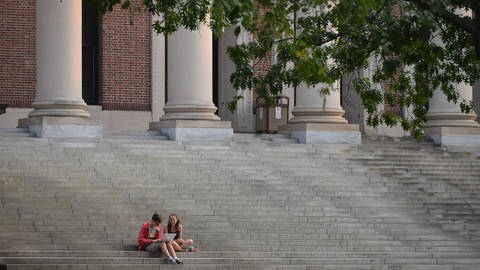 Studierende sitzen auf der Treppe vor einer Bibliothek (Foto: IMAGO, / Schöning)