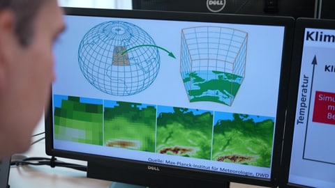 Illustration des Max-Planck Instituts: Ein Globus wird mit einem 3D-Gitternetz überzogen. An jedem Gitterpunkt wird das Klima simuliert.