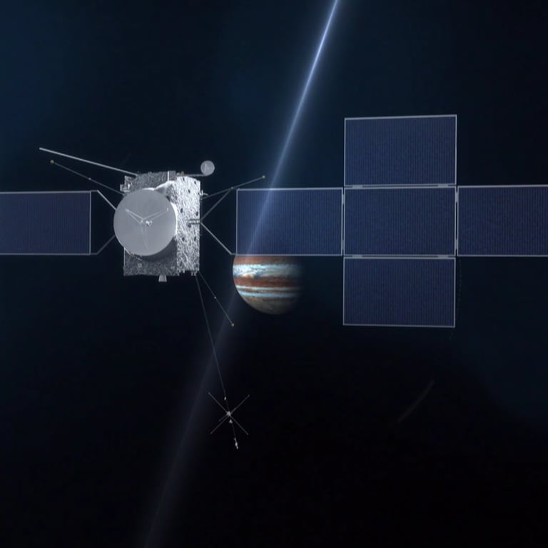 Animation der Weltraumsonde JUICE im Anflug zum Jupiter.