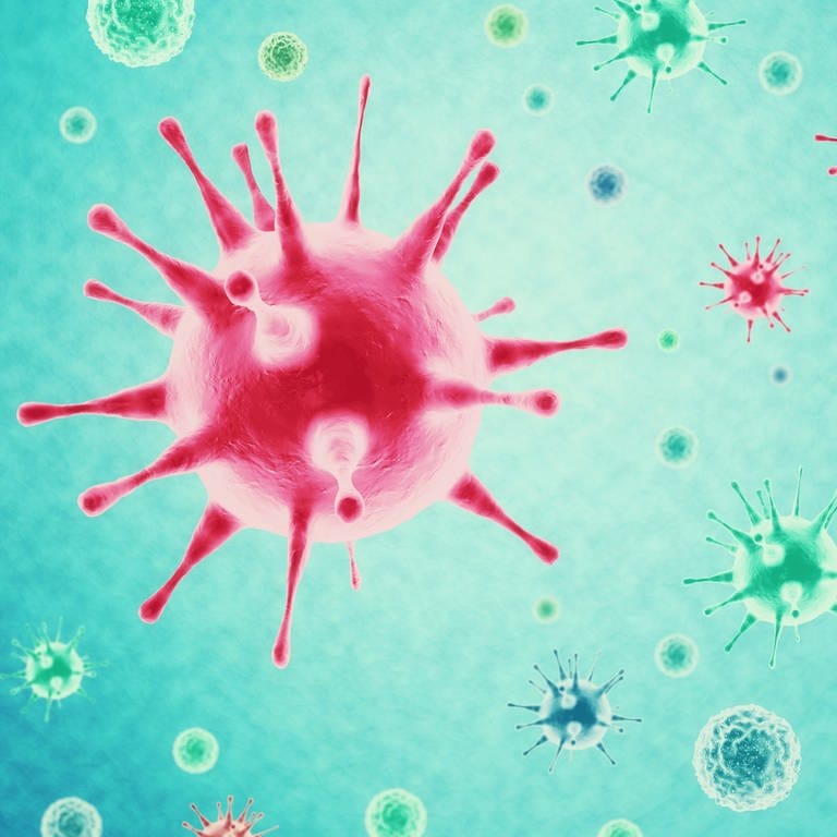 Illustrierte Coronaviren in verschiedenen Farben.  (Foto: IMAGO, IMAGO / Panthermedia)