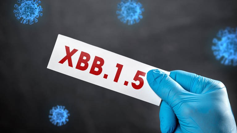 Eine Hand im Gummihandschuh hält einen Zettel mit der Aufschrift "XBB.1.5"