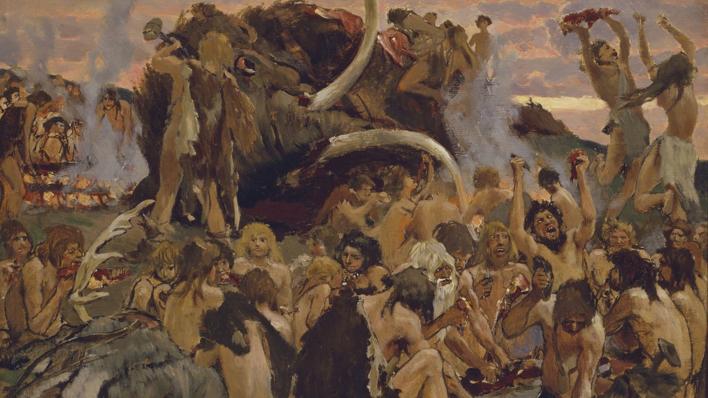 Ein gemaltes Bild zeigt Neandertaler in einer großen Gruppe, die ein erlegtes Mammutt essen. (Foto: IMAGO, IMAGO / Heritage Images)