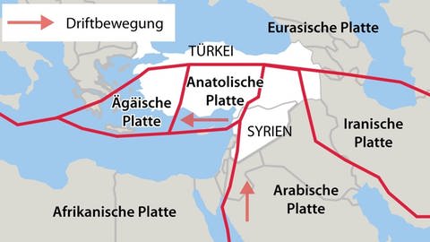 Kartenausschnitt der Anatolischen und die Arabische Platte, die zu Erdbeben führen (Foto: picture-alliance / Reportdienste, | dpa-infografik GmbH)