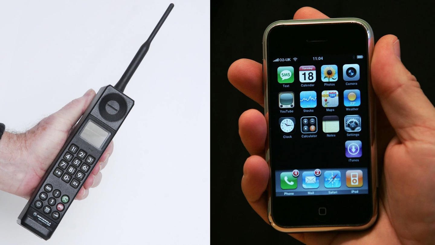 Motorola International 3200 und ein iPhone der ersten Generation gegenübergestellt (Foto: IMAGO, picture-alliance / Reportdienste, /stock&people /empics)