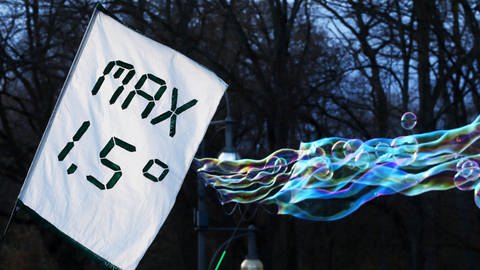 Fahne mit der Aufschrift "Max 1,5°C" weht im Wind.