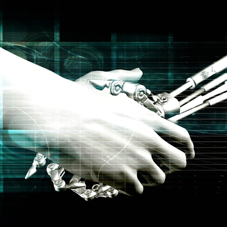 Künstlerische Darstellung einer menschlichen Hand, die eine Roberthand hält