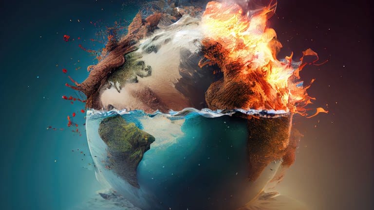 Die Illustration zeigt den Planeten Erde, der brennt.