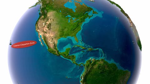 Globus mit markierter Clarion-Clipperton-Zone im Pazifik zwischen Mexiko und Hawaii. (Foto: IMAGO, IMAGO / YAY Images (modifiziert))