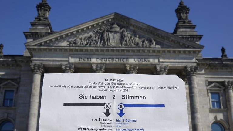 Das Bild zeigt einen Stimmzettel vor dem Hintergrund des Reichstagsgebäudes. (Foto: IMAGO, Steinach)