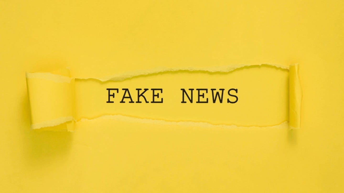 Das Bild zeigt ein gelbes, zerrissenes Papier, unter dem der Schriftzug Fake News zum Vorschein kommt. (Foto: IMAGO, imagebroker)