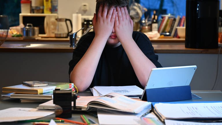 Das Bild zeigt einen verzweifelten Schüler über seinen Lernaufgaben.