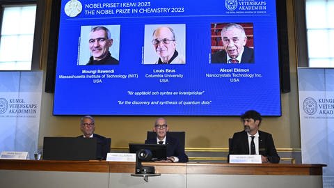 Das Bild zeigt Vertreter der Königlich-Schwedischen Akademie der Wissenschaften bei der Verkündigung des Chemie-Nobelpreises.