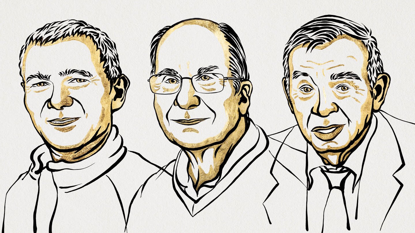Das Bild zeigt eine Illustration der Chemie-Nobelpreisträger von 2023: Moungi Bawendi, Louis Brus und Alexei Ekimov. (Foto: Ill. Niklas Elmehed, Nobel Prize Outreach)