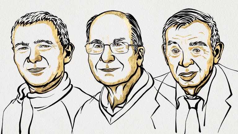 Das Bild zeigt eine Illustration der Chemie-Nobelpreisträger von 2023: Moungi Bawendi, Louis Brus und Alexei Ekimov. (Foto: Ill. Niklas Elmehed, Nobel Prize Outreach )