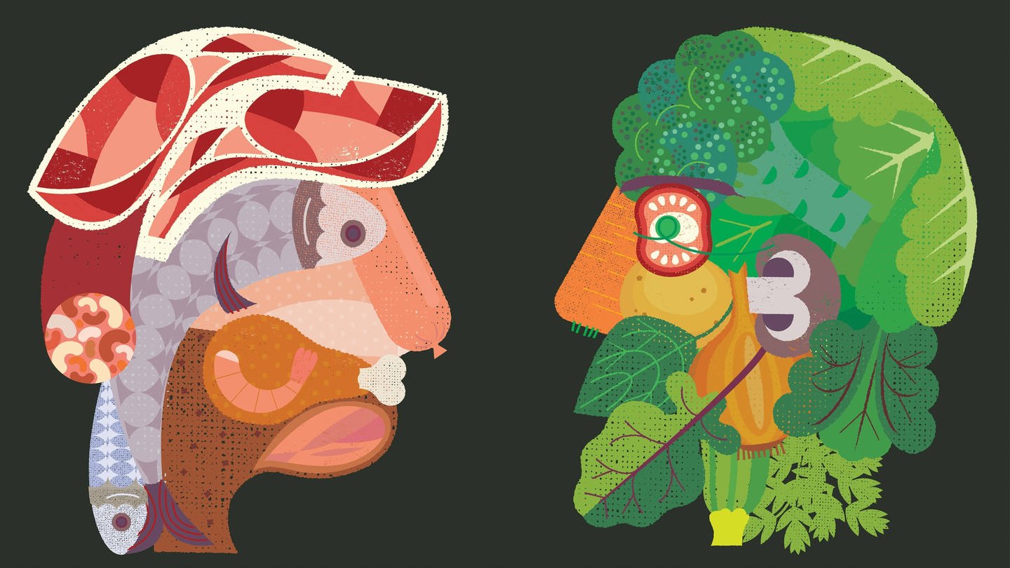 Illustration eines Kopfes aus Fleisch gegenüber einem Kopf aud Gemüse (Foto: IMAGO, Ikon Images)