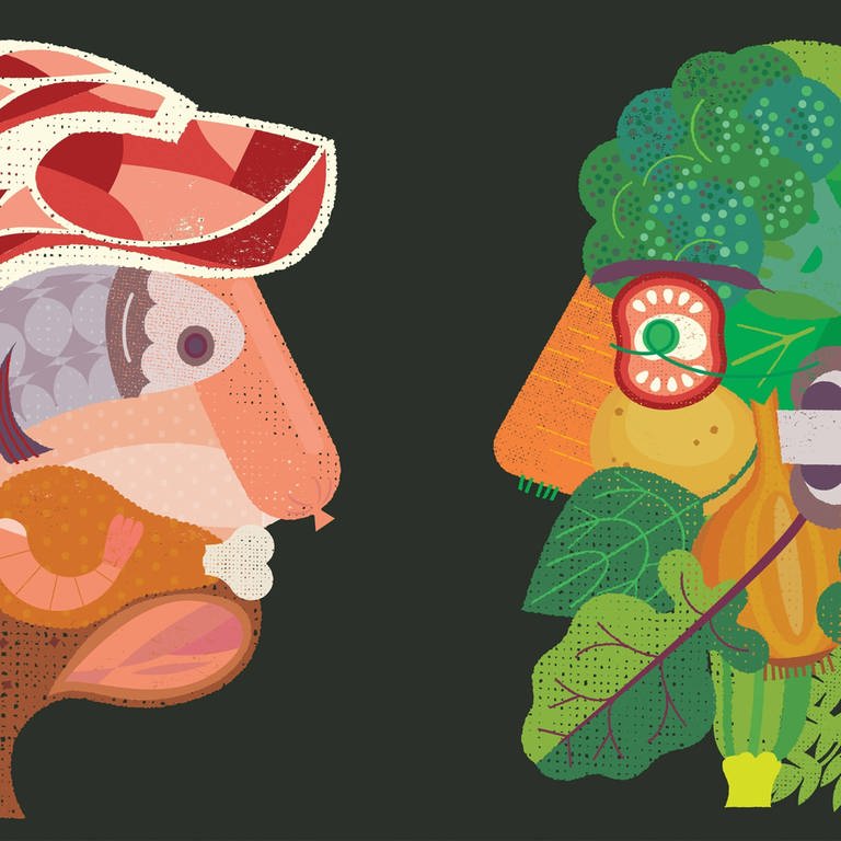 Illustration eines Kopfes aus Fleisch gegenüber einem Kopf aud Gemüse (Foto: IMAGO, Ikon Images)